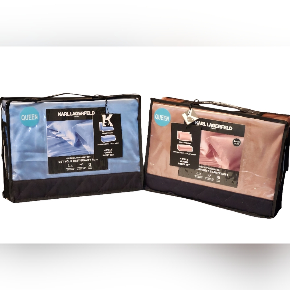 NWT Karl Lagerfeld  Luxury Bedding Set  Satin Queen 4PC Sheet Set Blue/Pink